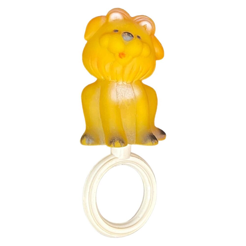 VTG 1950s Rubber Smiling Lion Baby Squeak Teether Toy 5.5” Handle Infant Antique
